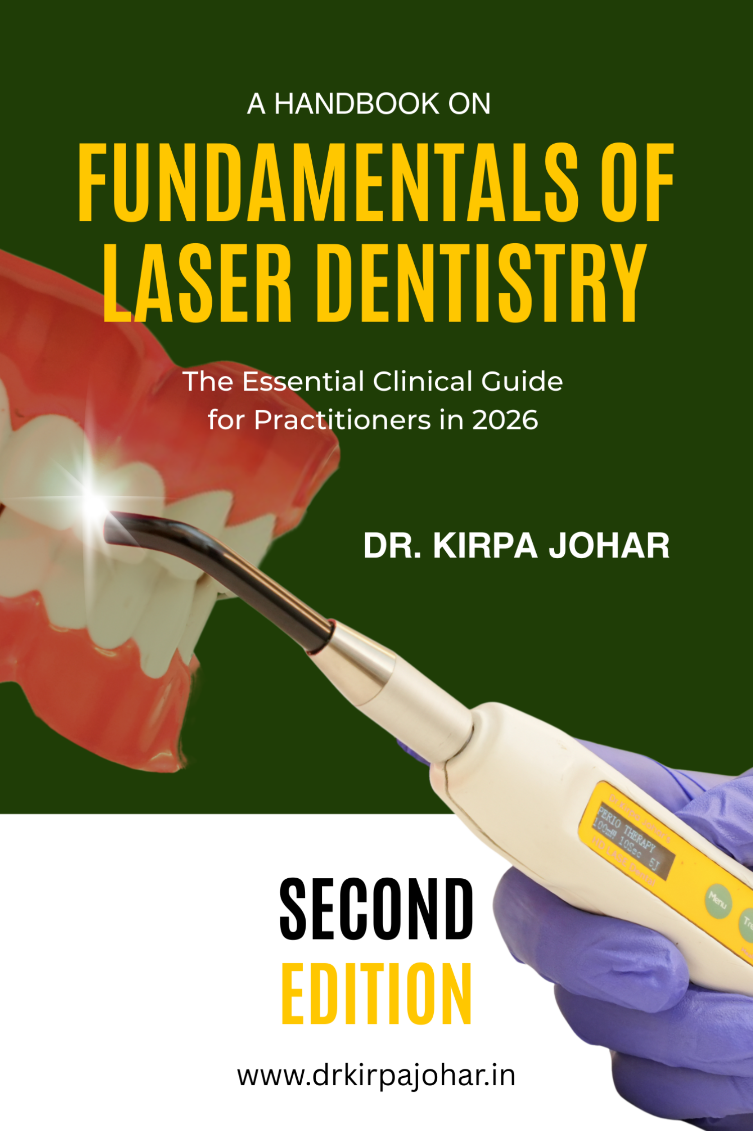 Book cover of 'Fundamentals of Laser Dentistry' with a dental tool and tooth illustration on a green background.